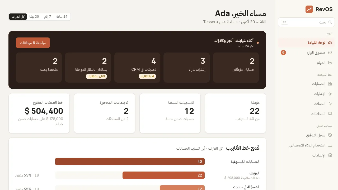 The RevOS dashboard in Arabic, right to left